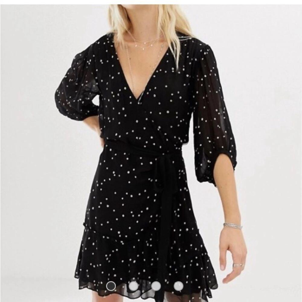 AllSaints Gracie Nala Wrap Dress Black with Embroidered Stars Size 2